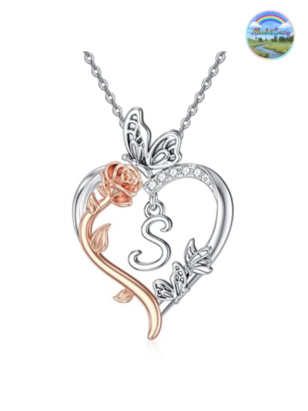 925 Sterling Silver Rose Heart Initial Necklace with Butterfly, Cubic Zirconia